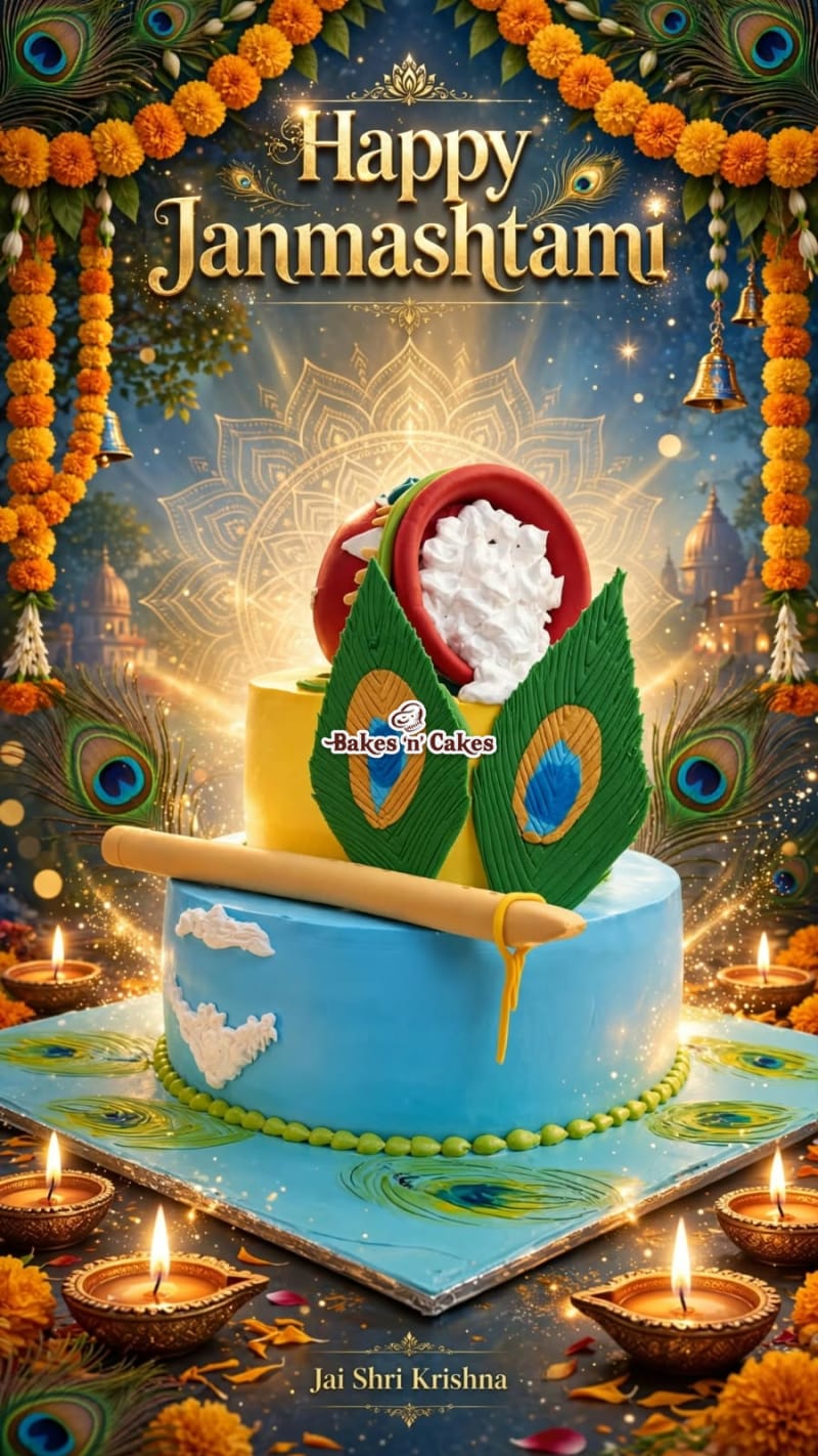 Peacock Feather Blue Janmashtami Cake
