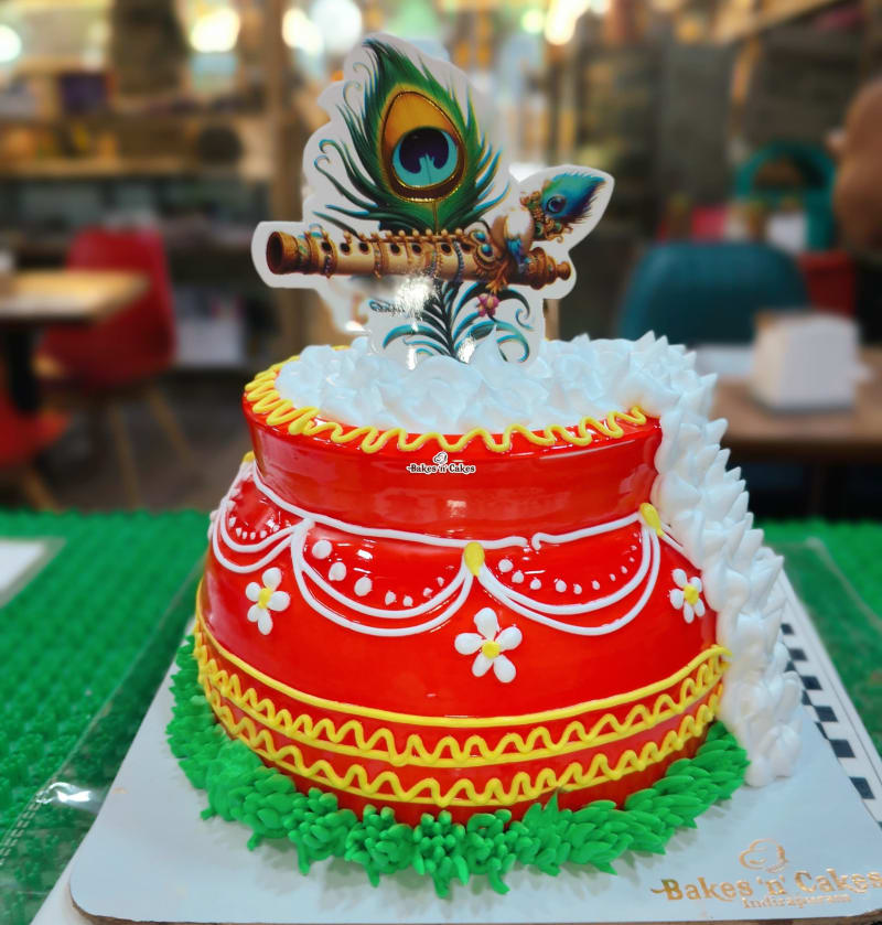 Red Floral Matki Janmashtami Cake