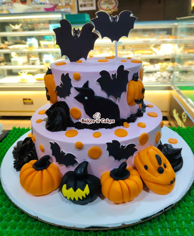 Halloween Bats & Pumpkins Two-Tier Cake