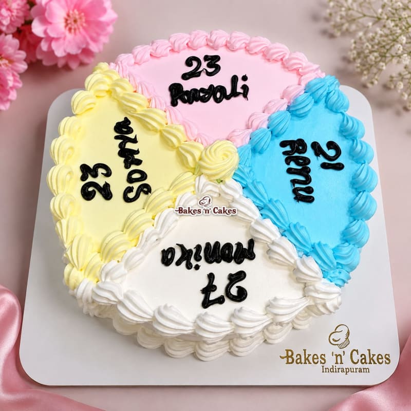 Four Friends Split Colour Birthday Cake