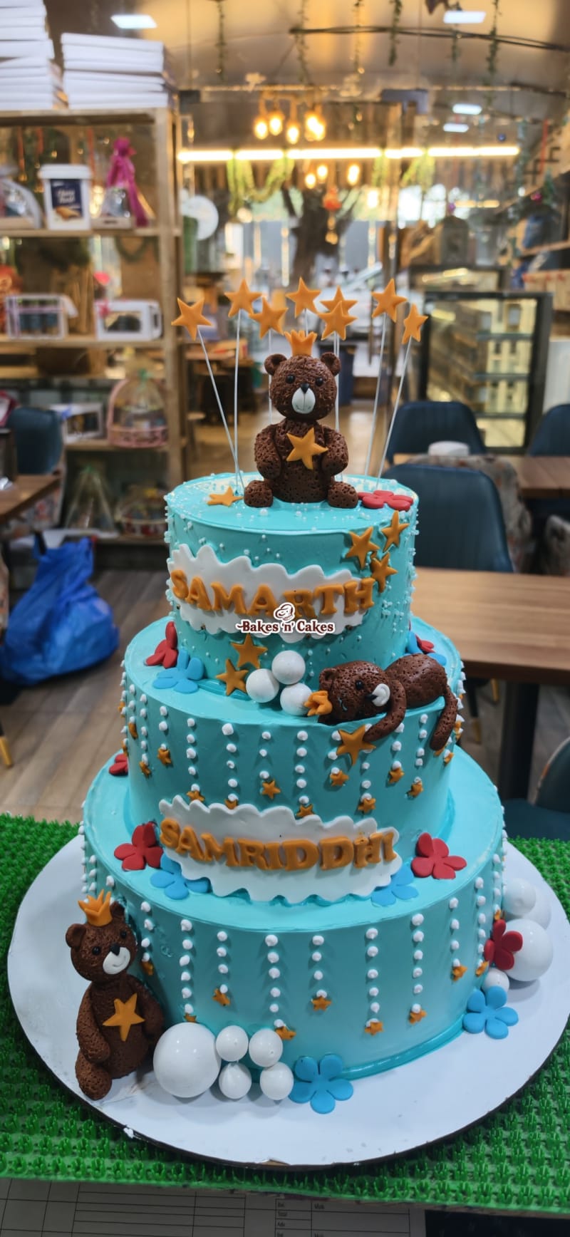 Teddy Bears Three-Tier Blue Cake