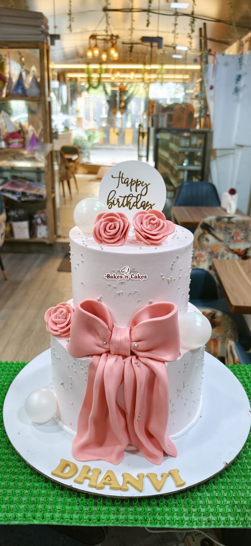 Pink Bow & Roses Two-Tier Cake