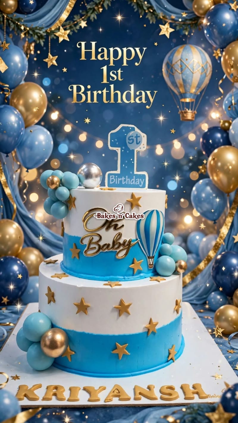 Oh Baby Blue & Gold First Birthday Cake