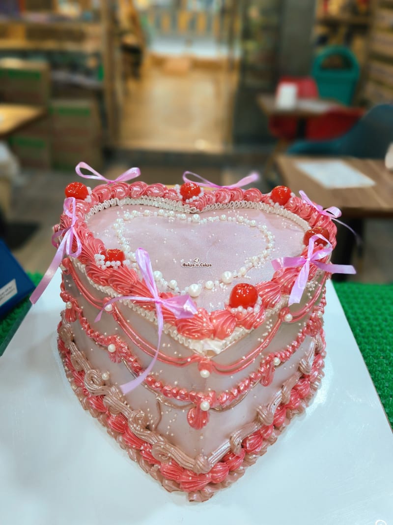 Pink Vintage Heart Ribbon Cake
