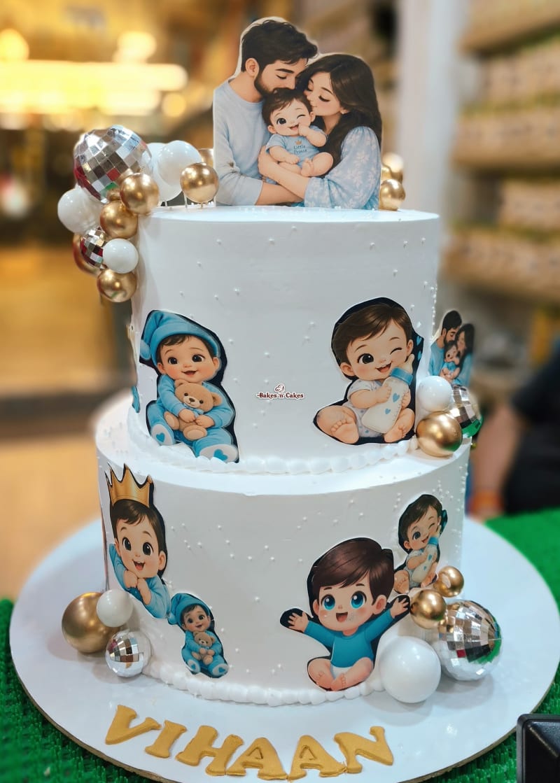 Baby Boy Family Portrait Two-Tier Cake