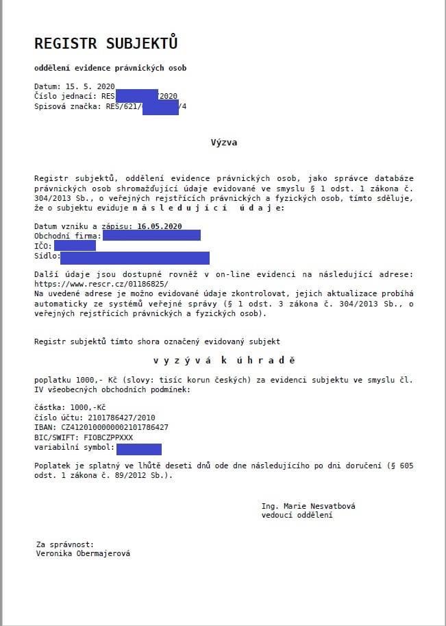 Letter from with heading Register subjektů is the scam letter-img