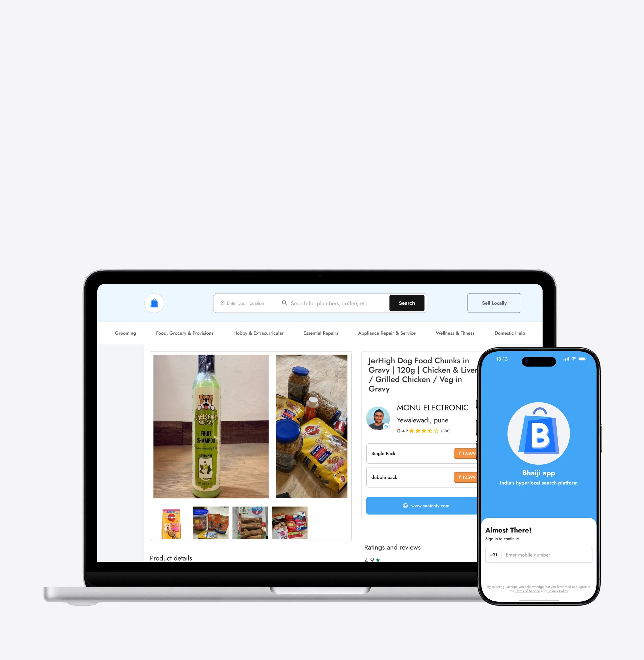 Bhaiji — hyperlocal services app on laptop and phone