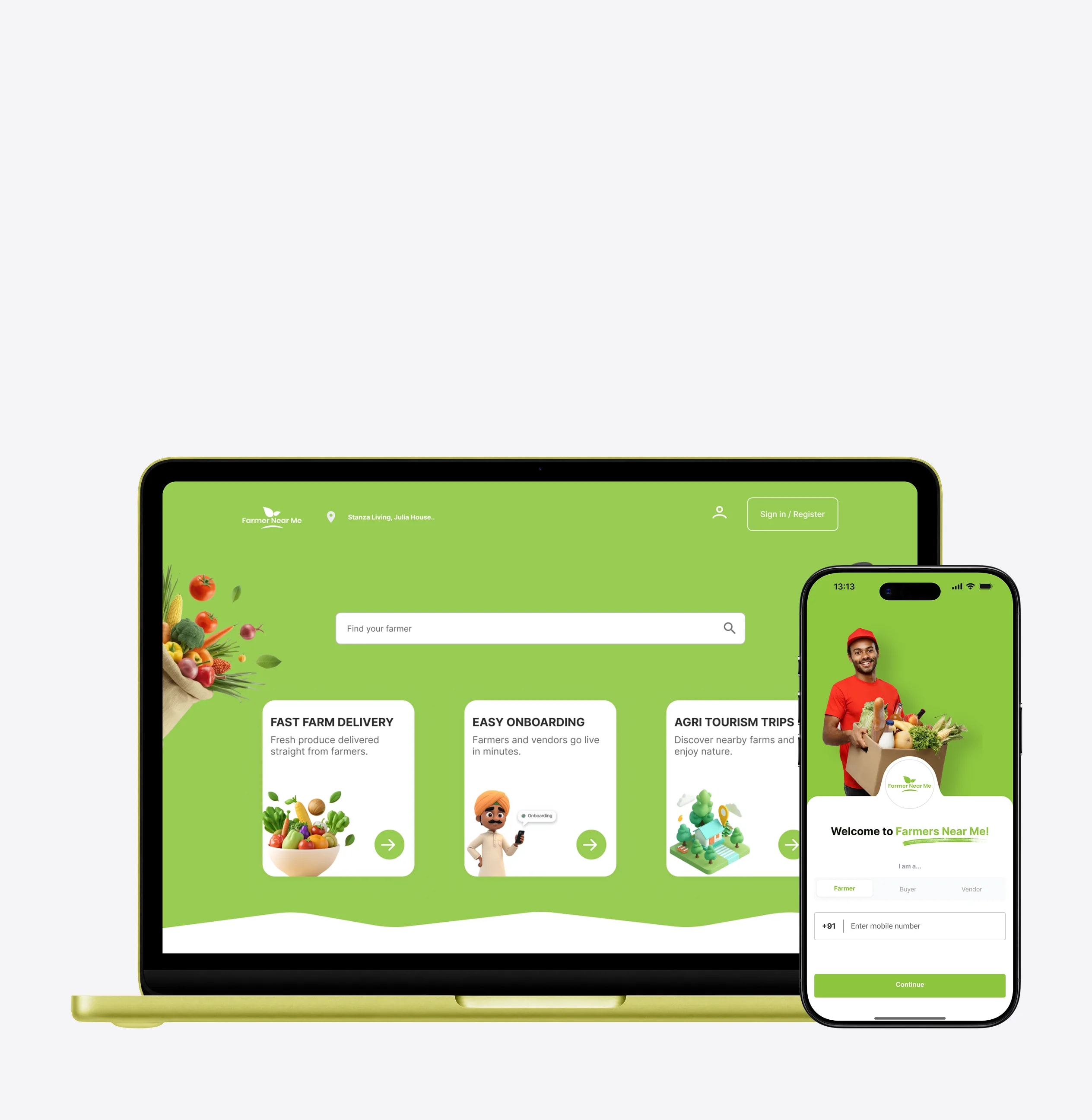 Farmers Near Me — farm produce app on laptop and phone