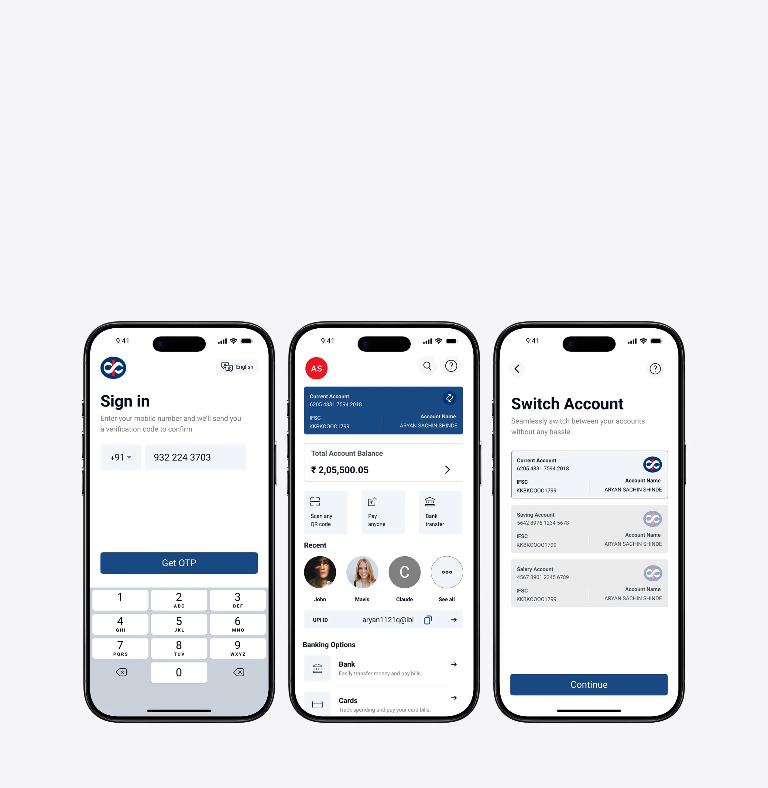 Kotak Bank — banking app, three phone screens
