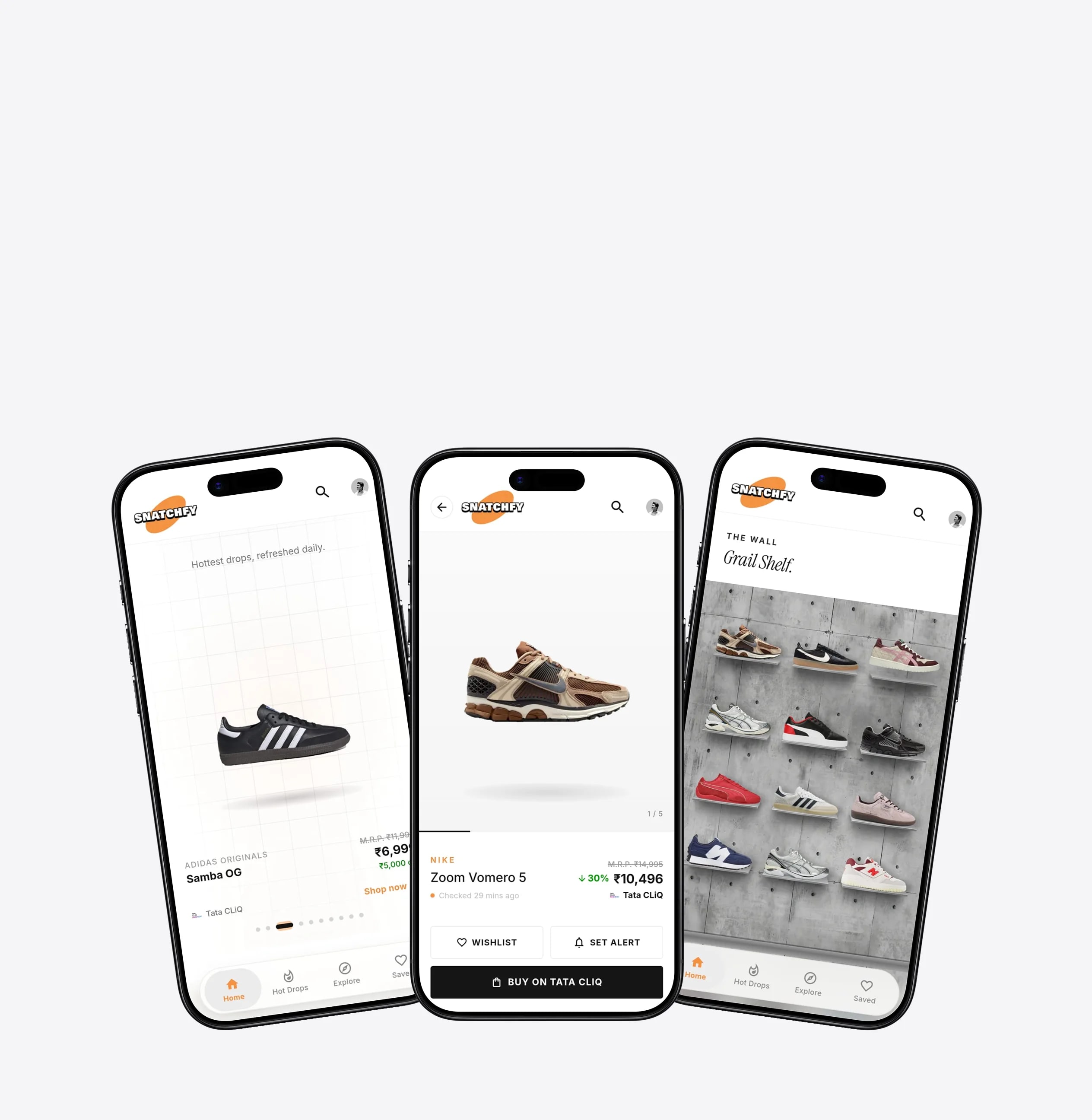 Snatchfy — sneaker app, three phone screens