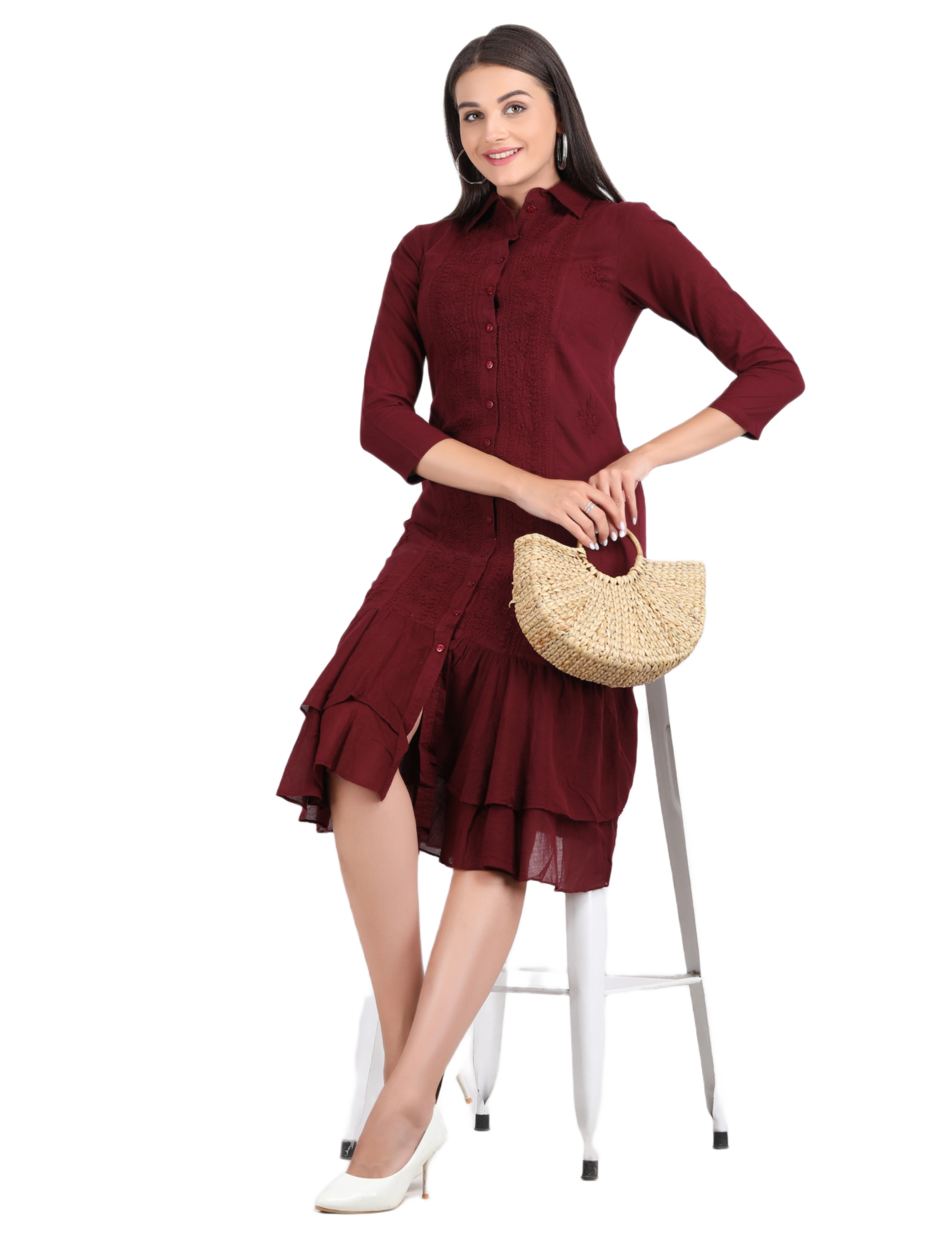 Meera Front Open , Ruffel Bottom Cotton Dress