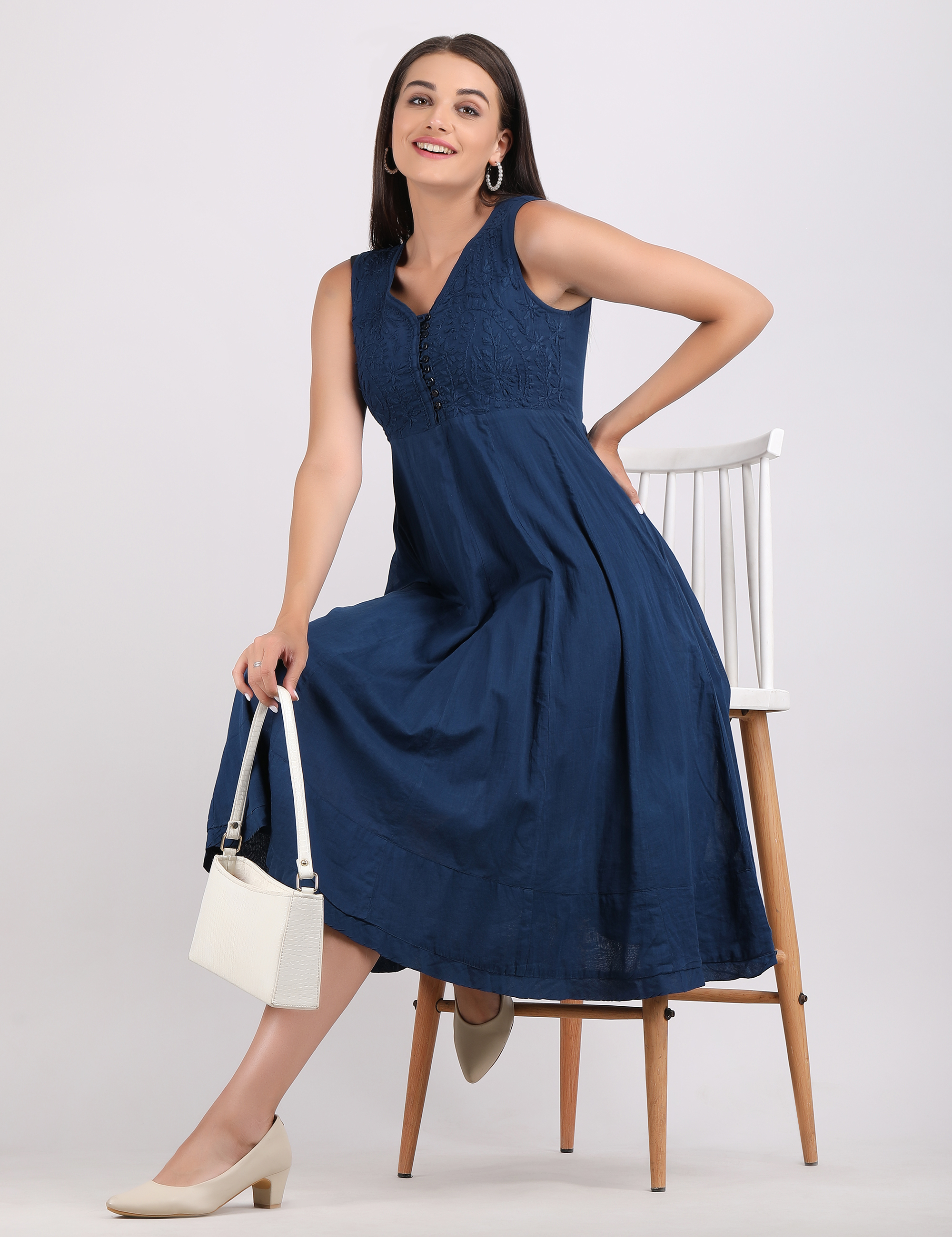 Nimi Navy Blue Embroidered Sleeveless Midi Dress