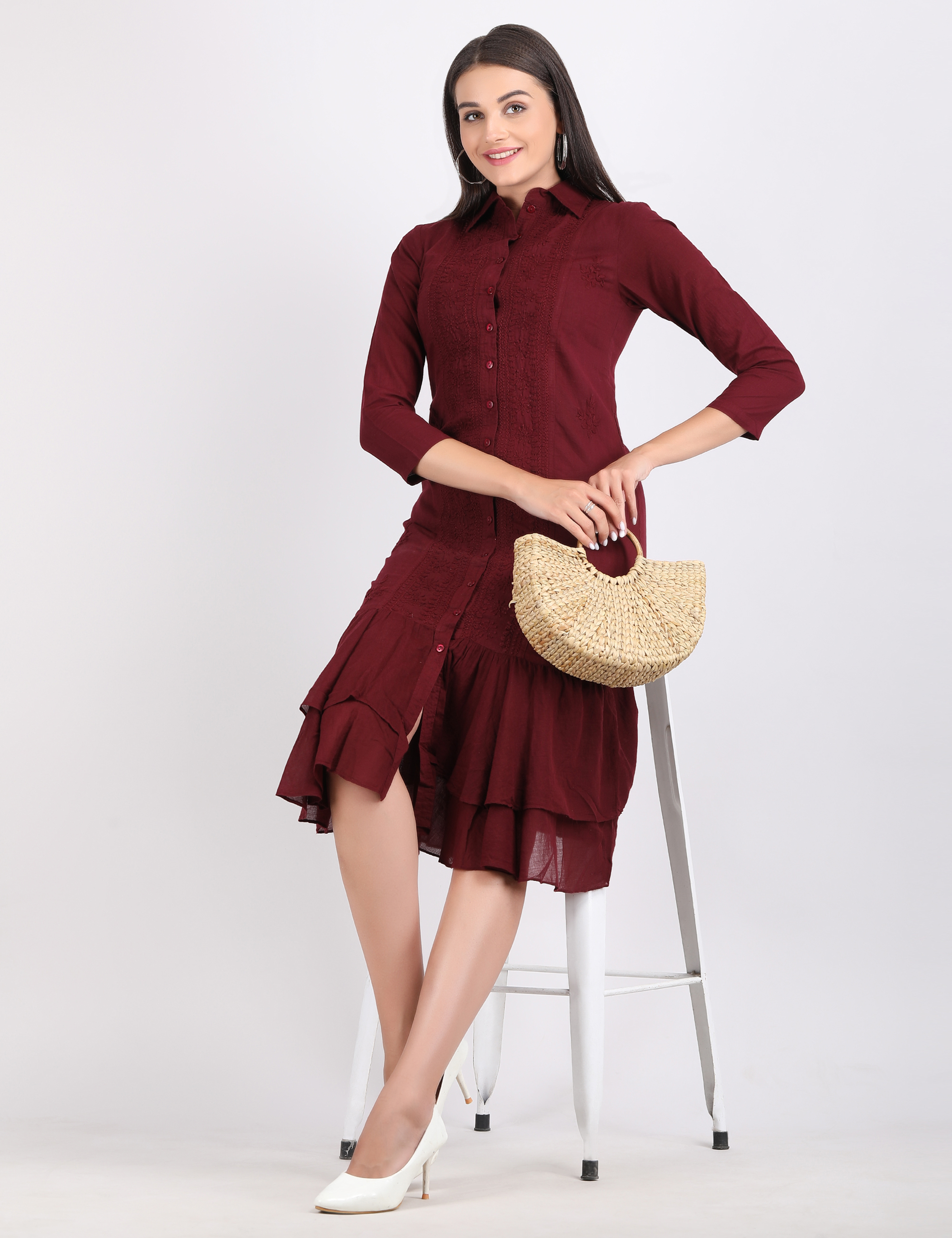 Meera Front Open , Ruffel Bottom Cotton Dress