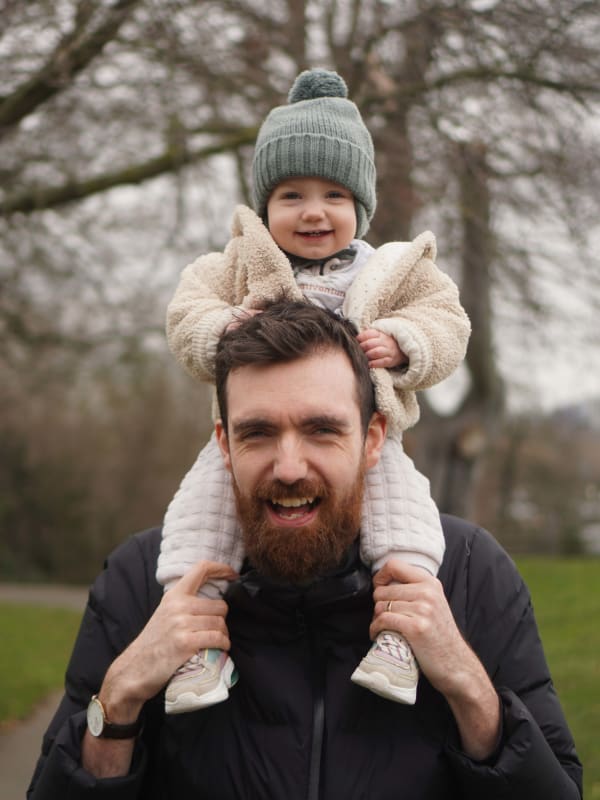On a walk with Frankie on my shoulders