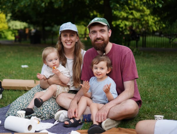 Me, Courtney, Orla and Frankie sitting in the park having just eaten some pizza