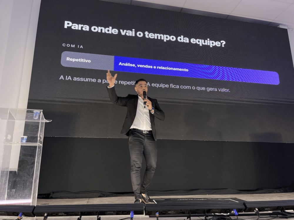 Slide Para onde vai o tempo da equipe? A IA assume a parte repetitiva e a equipe fica com análise, vendas e relacionamento