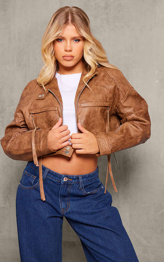 Brown Faux Leather Distressed Cropped Biker Jacket