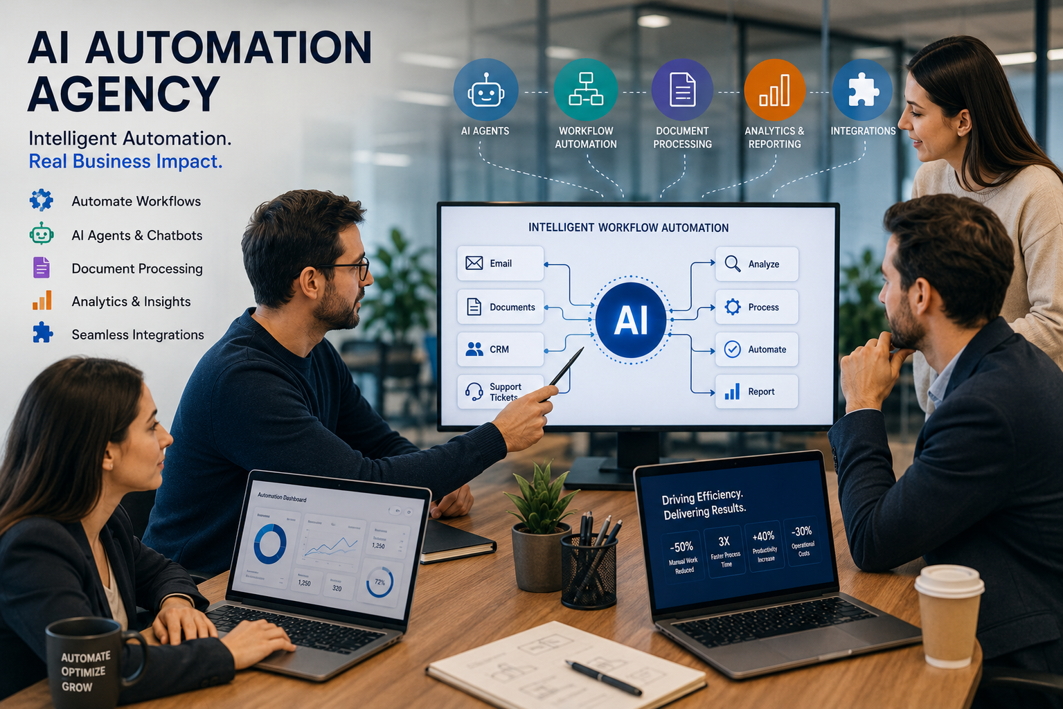 Team discussing AI workflow automation in a modern office environment while reviewing intelligent business systems, workflow integrations, and AI-powered automation processes.
