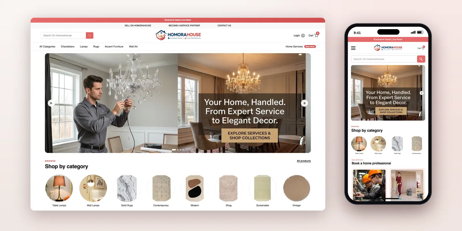 HomoraHouse – Multi-Vendor Home Decor Marketplace & Home Services Booking Platform in Canada - project visual