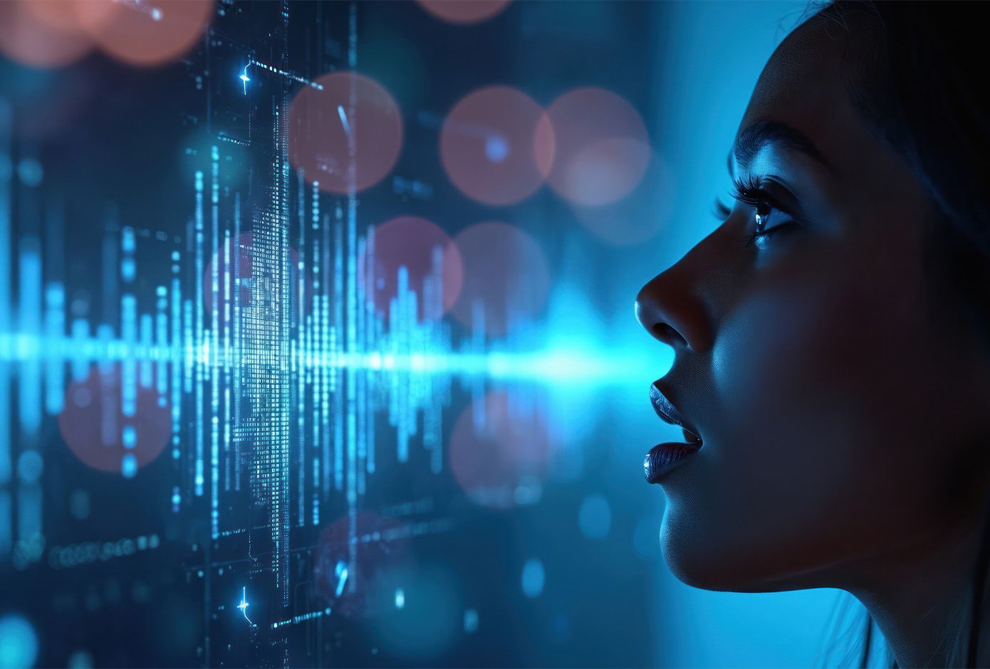 Woman viewing digital authentication and authorization data on a futuristic interface