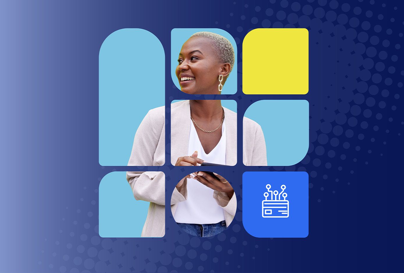 Smiling woman holding a smartphone, framed by a grid of rounded blue and yellow tiles with a connected payment card icon