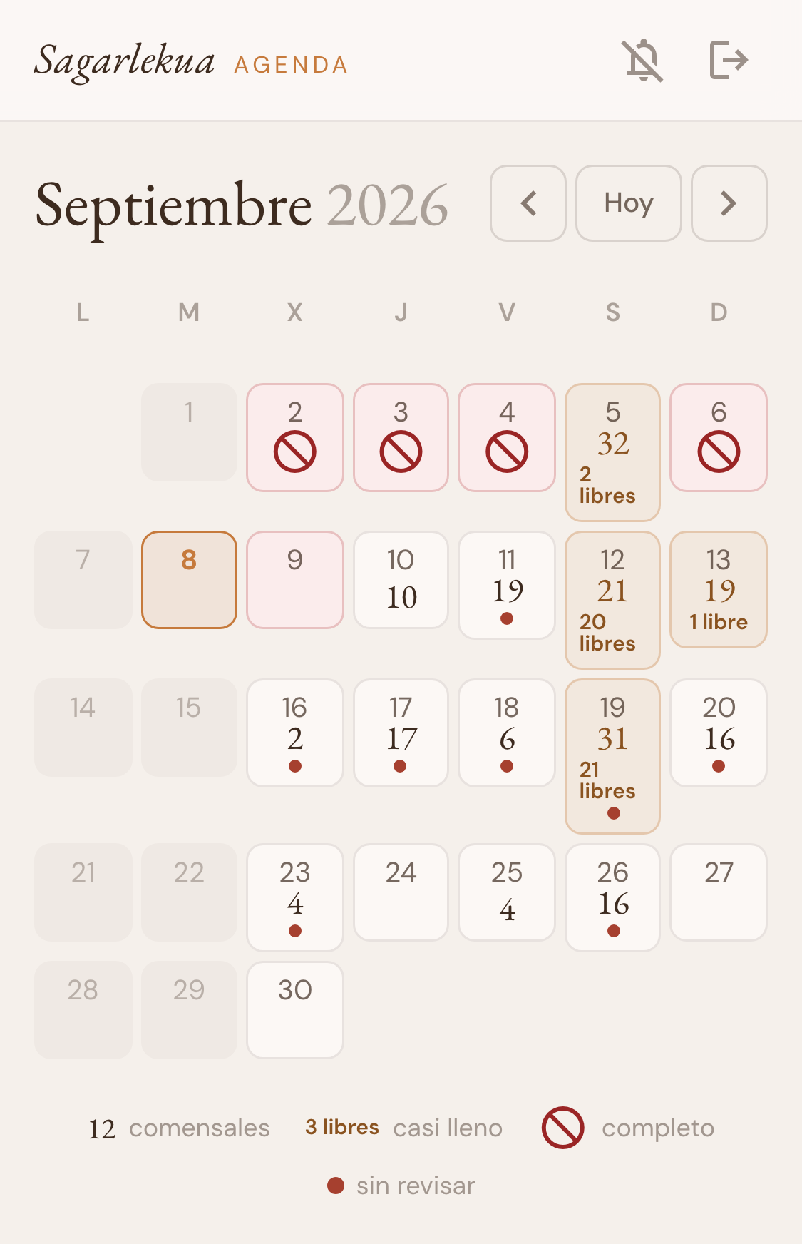 Vue mois du carnet : les jours complets sont barrés d'un rond rouge, les jours presque pleins indiquent le nombre de places restantes, et une légende distingue complet, casi lleno et réservations non revues.