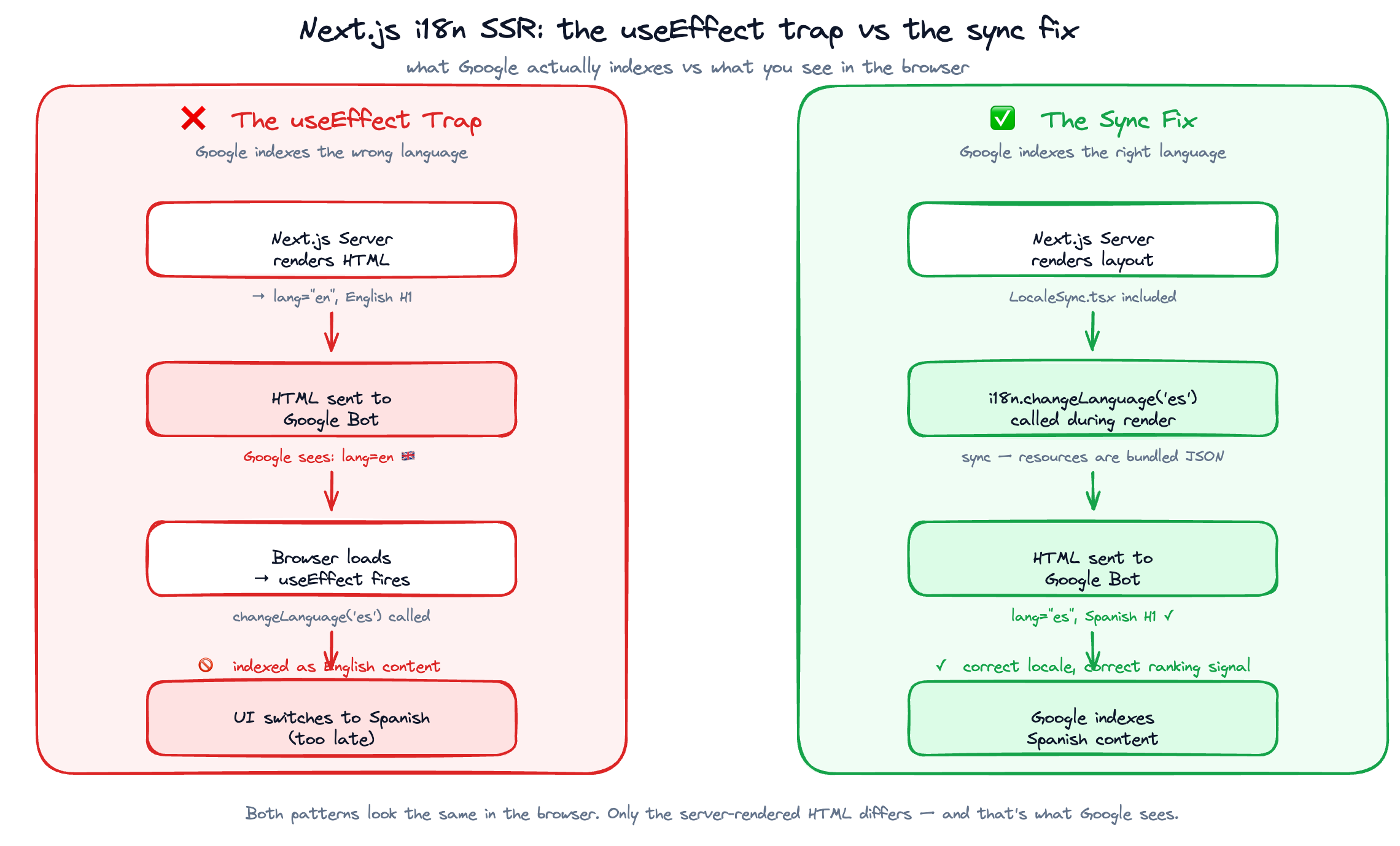 Two-path flow diagram: left shows useEffect running after SSR so Google indexes English content; right shows synchronous changeLanguage during render so Google indexes Spanish content