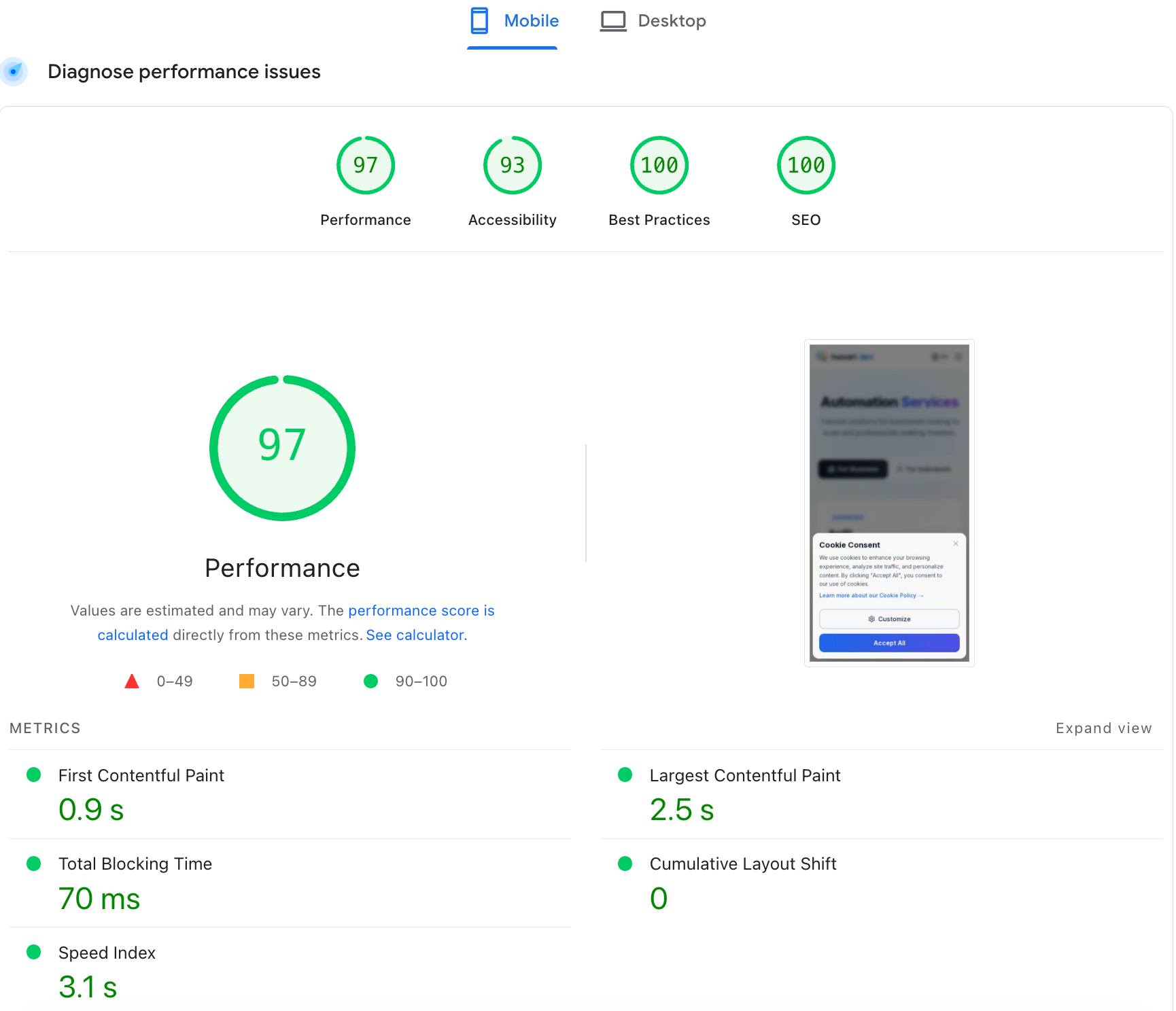 PageSpeed Insights comparison for /services: mobile performance 62 before vs 96 after lazy-loading the react-icons marquee