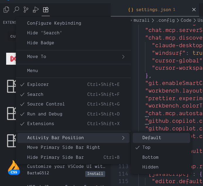 screenshot of activity bar