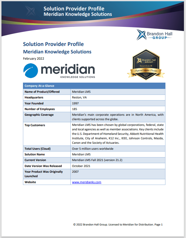Meridian LMS provider profile -brandon hall group 2022 Meridian LMS provider profile by Brandon Hall Group