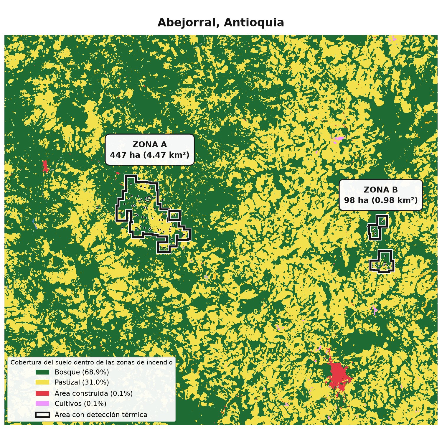Mapa de la zona mostrando las dos zonas de incendio sobre el bosque verde y pastizal amarillo