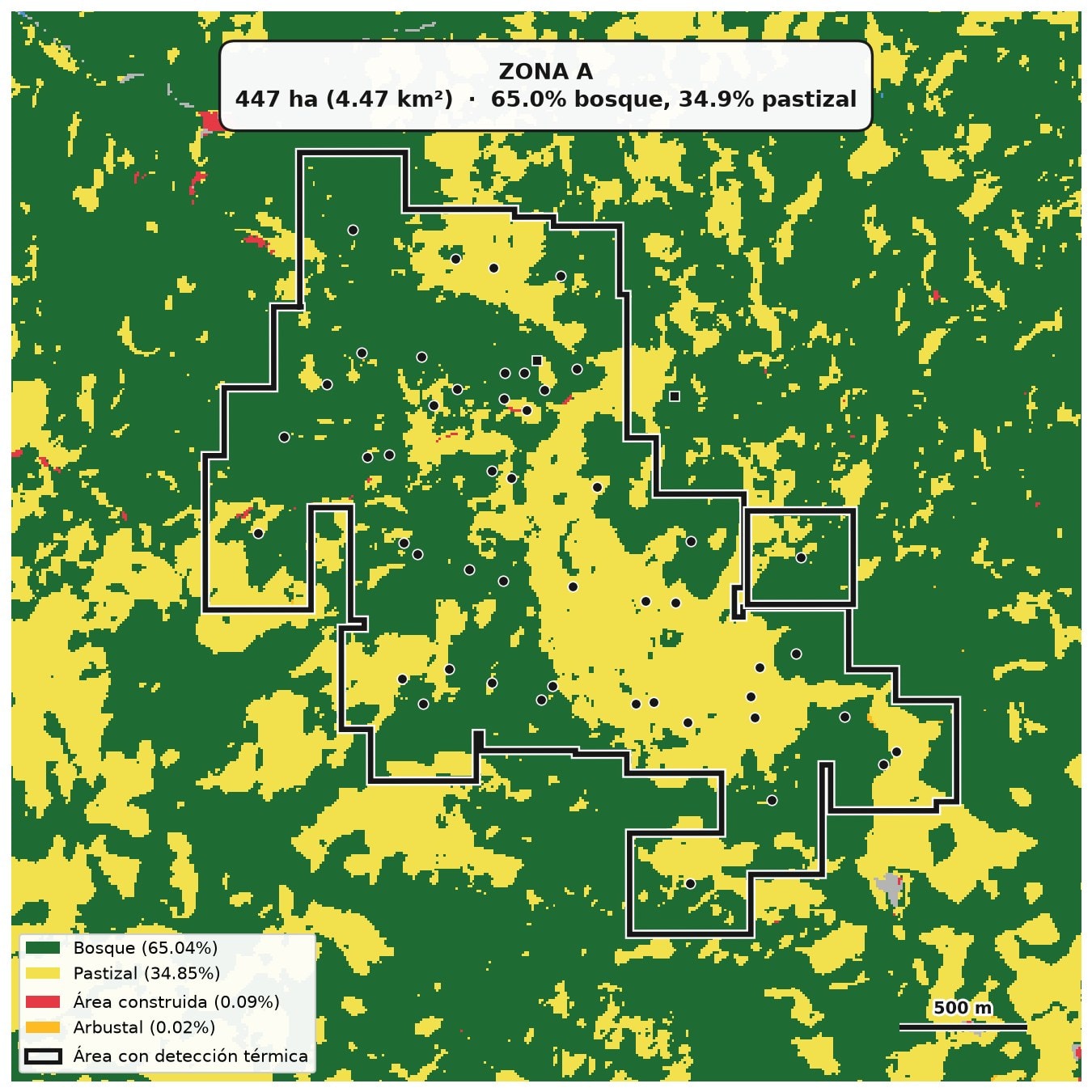 Mapa de cobertura del suelo acercado a la Zona A, con su huella marcada