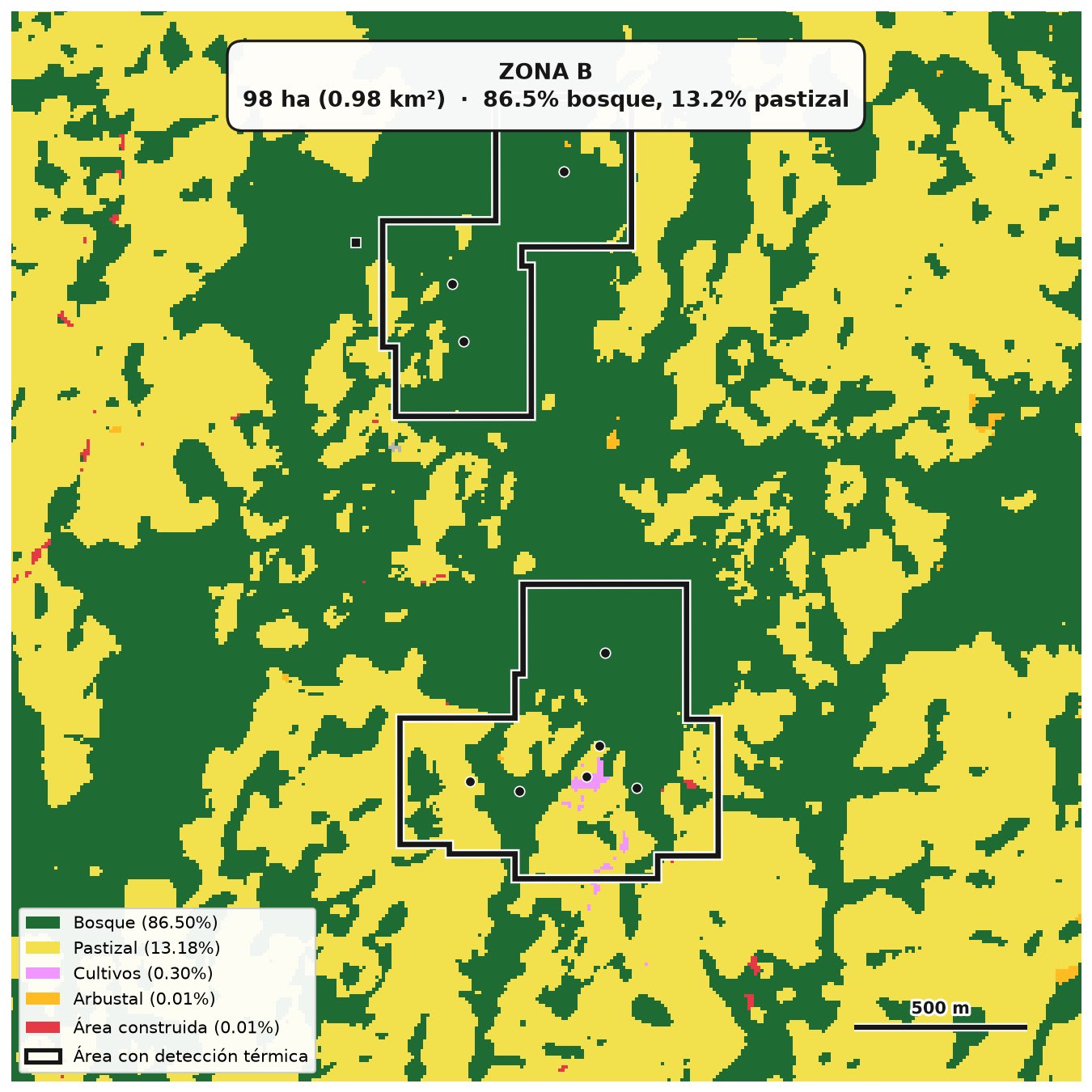 Mapa de cobertura del suelo acercado a la Zona B, con su huella marcada