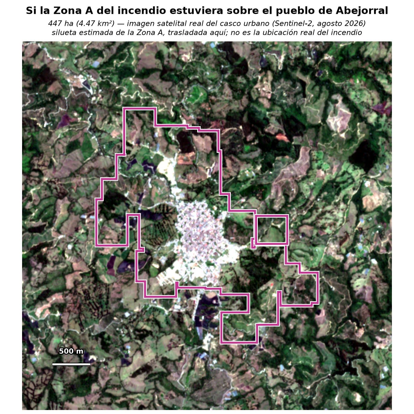 El contorno estimado de la Zona A superpuesto sobre la imagen satelital real del casco urbano de Abejorral, mostrando cuánto del pueblo cubriría si estuviera ahí