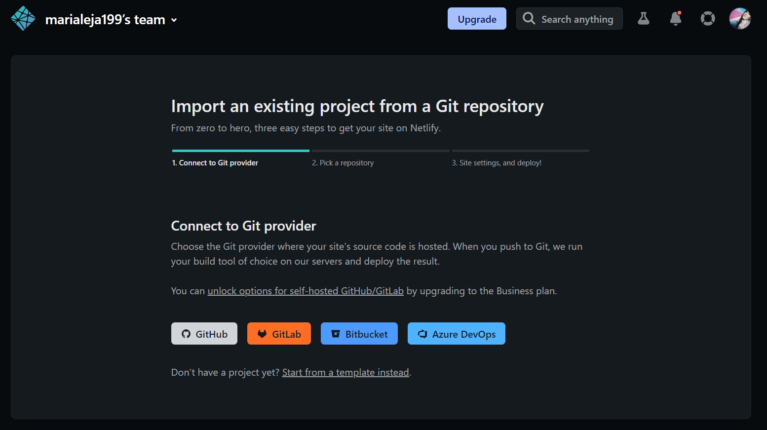 Importing the Git repository into Netlify