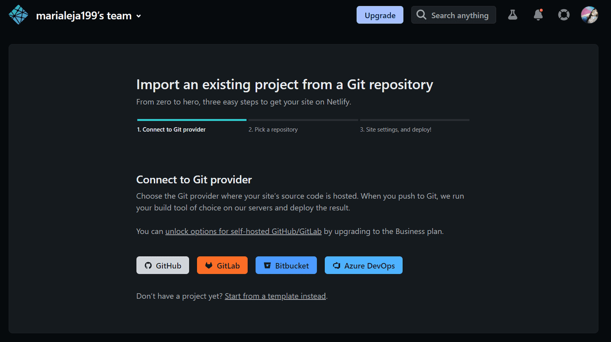 Importing the Git repository into Netlify