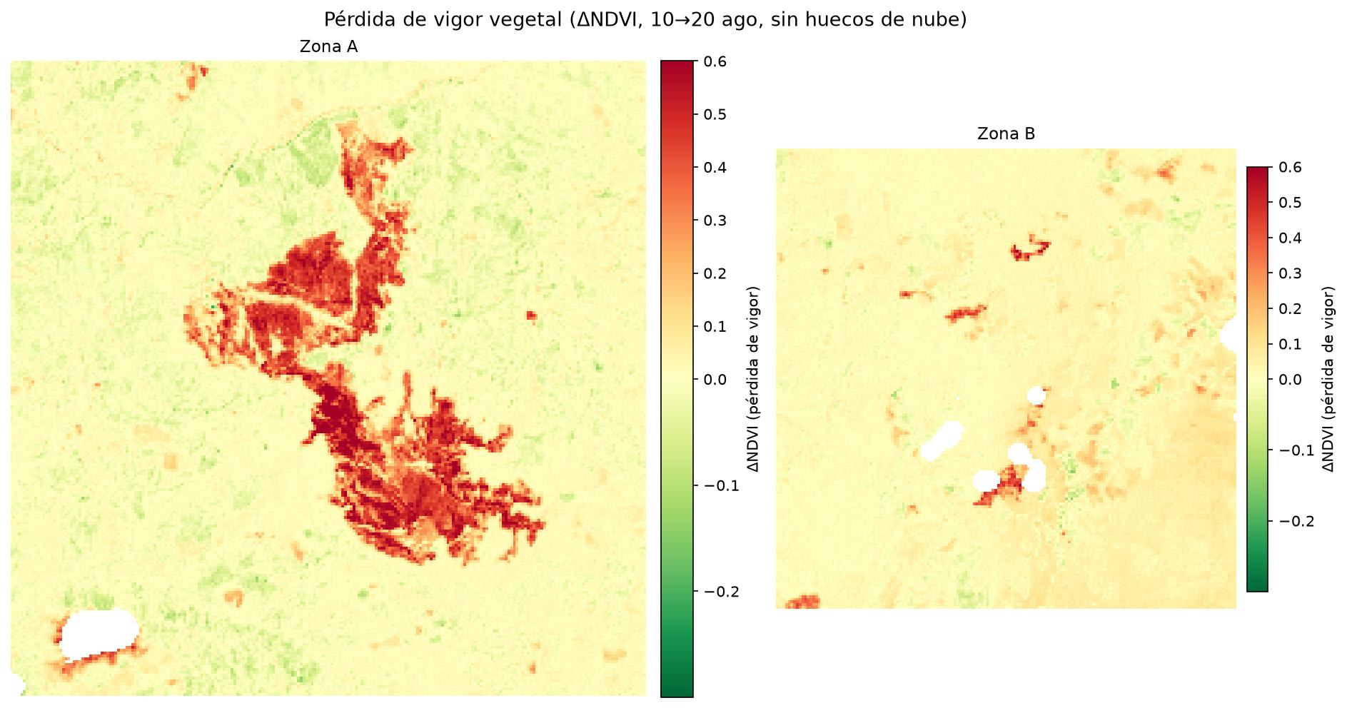 Mapa mostrando dónde se perdió vigor vegetal