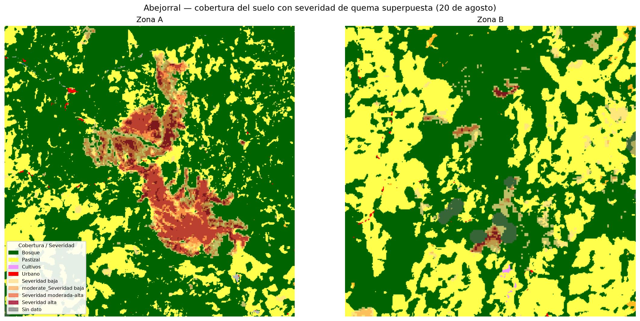 Mapa combinando cobertura del suelo con la severidad de la quema superpuesta