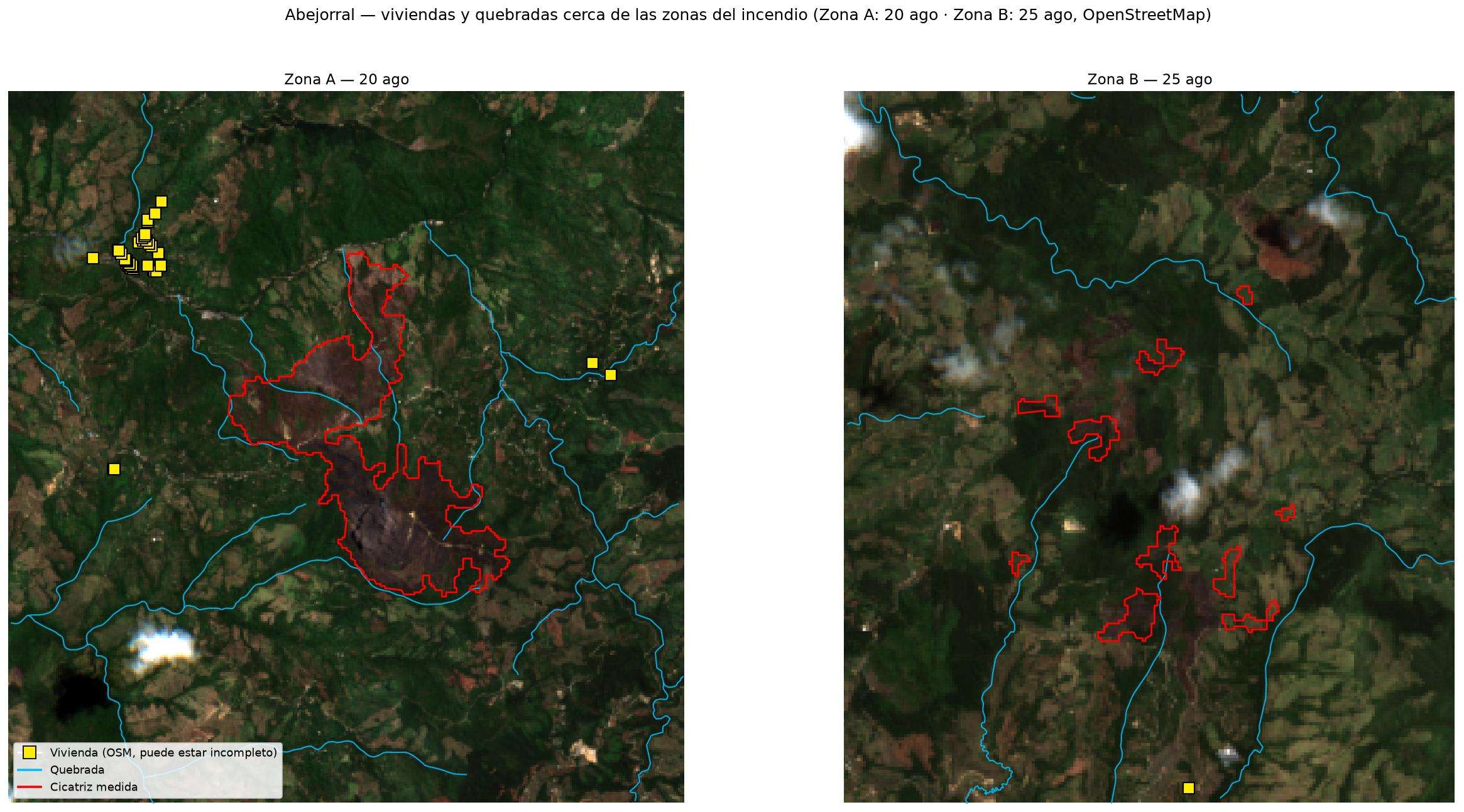 Mapa mostrando viviendas y quebradas cerca de las zonas del incendio, con la cicatriz de quemado real superpuesta