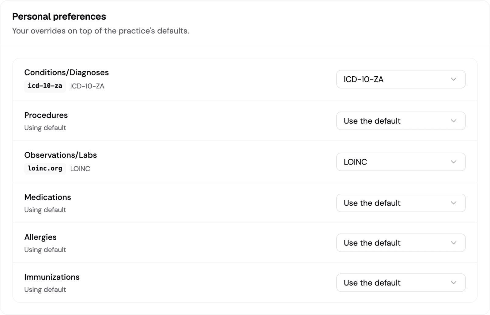 The Personal preferences card, two contexts overridden and four on the default
