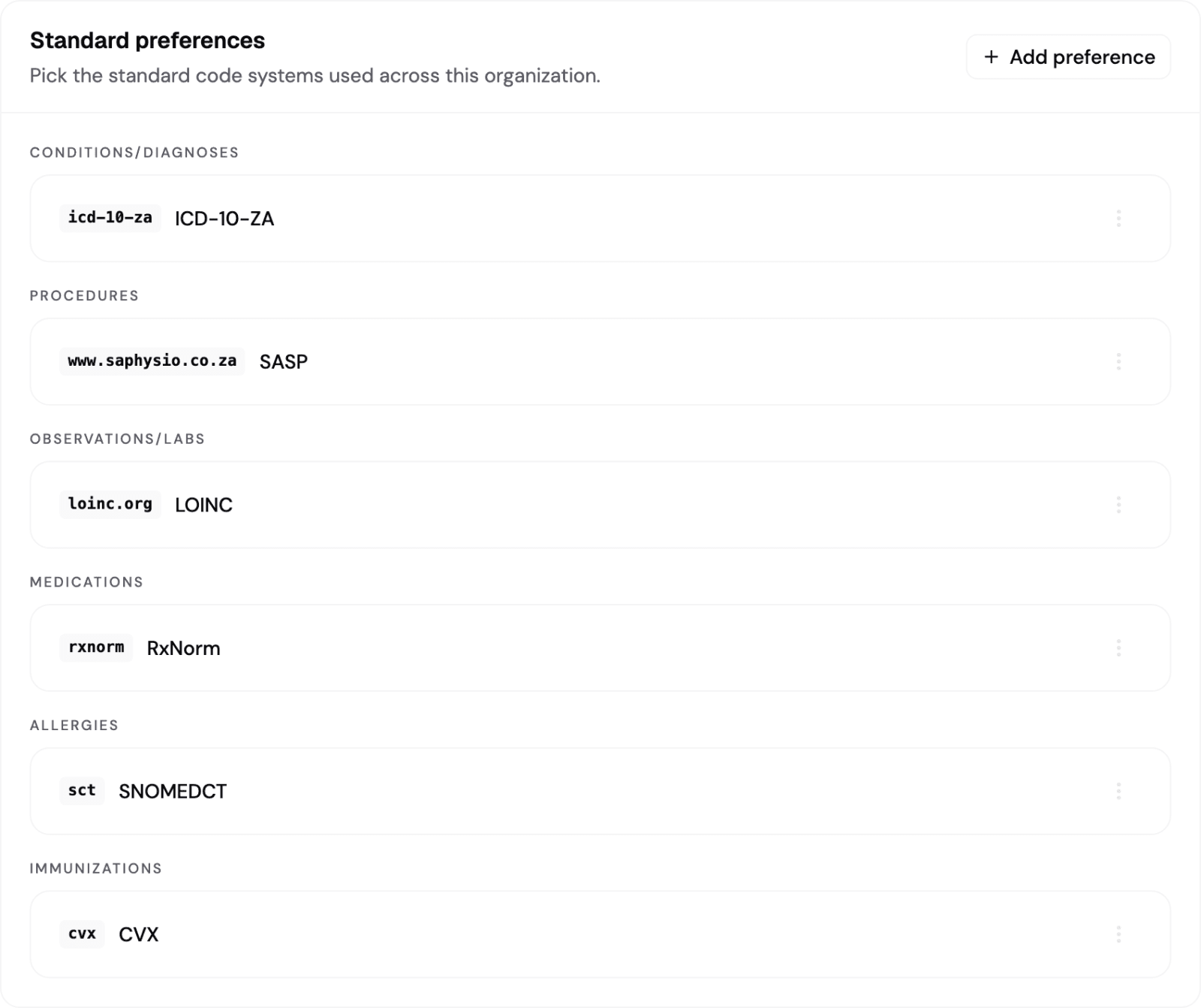 The Standard preferences card, one standard per kind of record