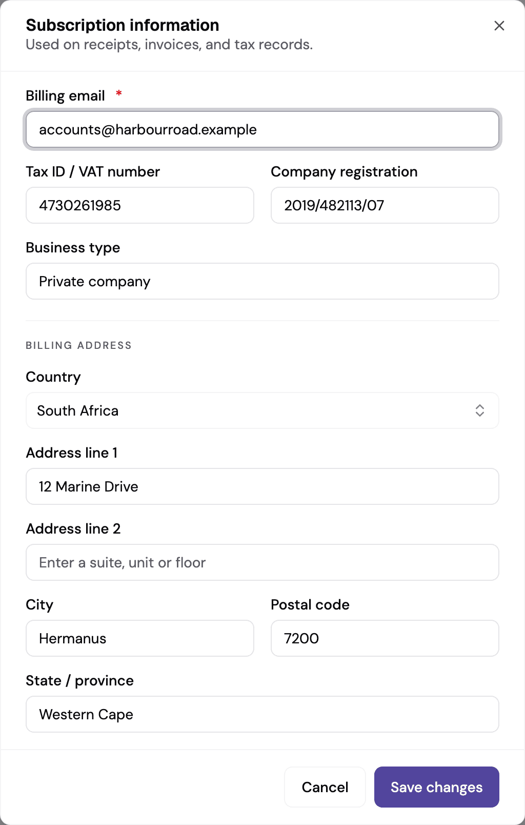 The Subscription information form, with Billing email at the top and Save changes at the bottom