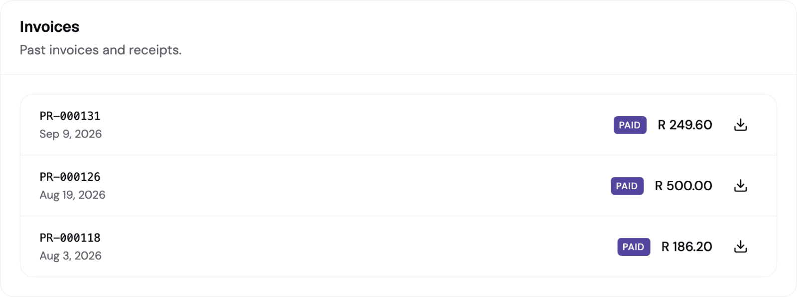 Settings, Usage, Invoices: three invoices, each with its number, date, a Paid label, the amount and a download icon