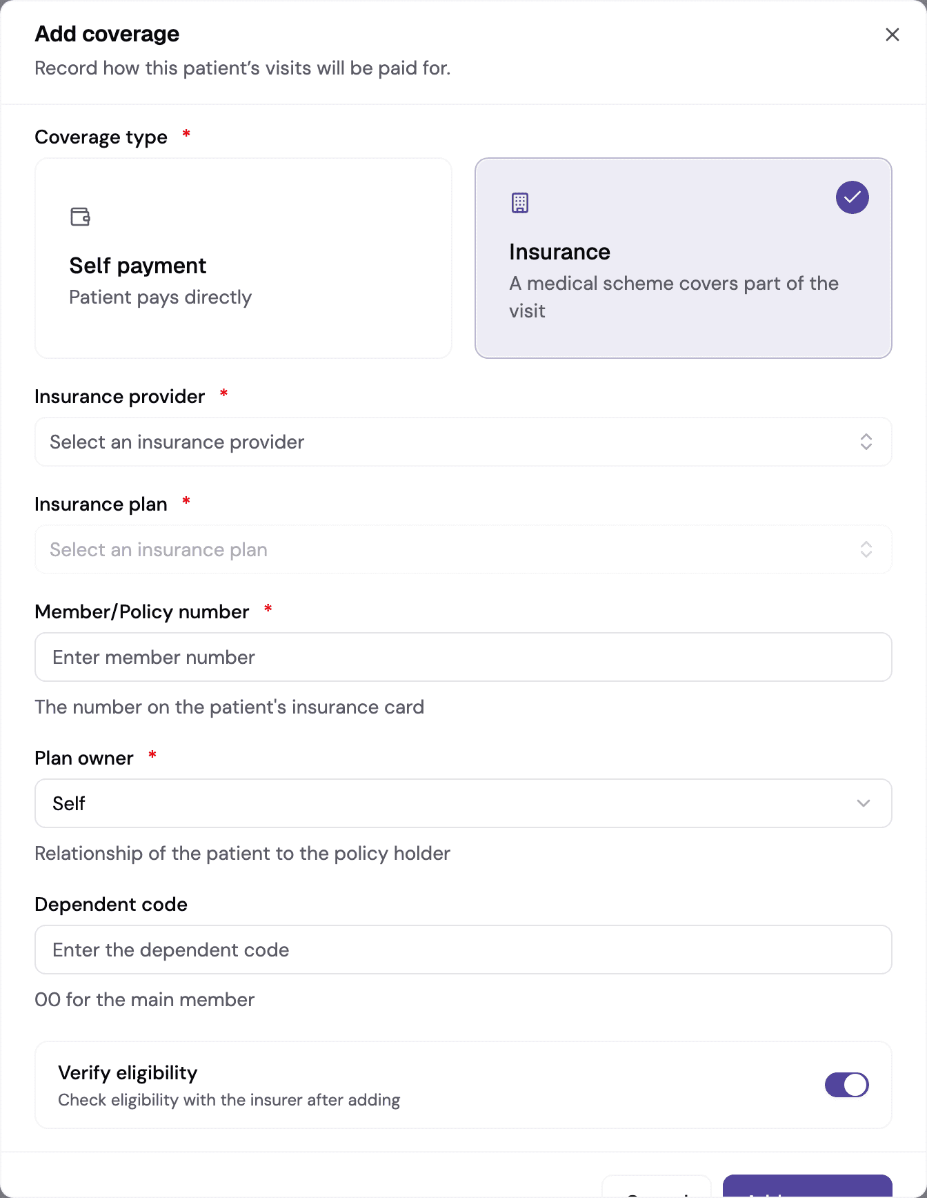 The Add coverage dialog with Insurance chosen