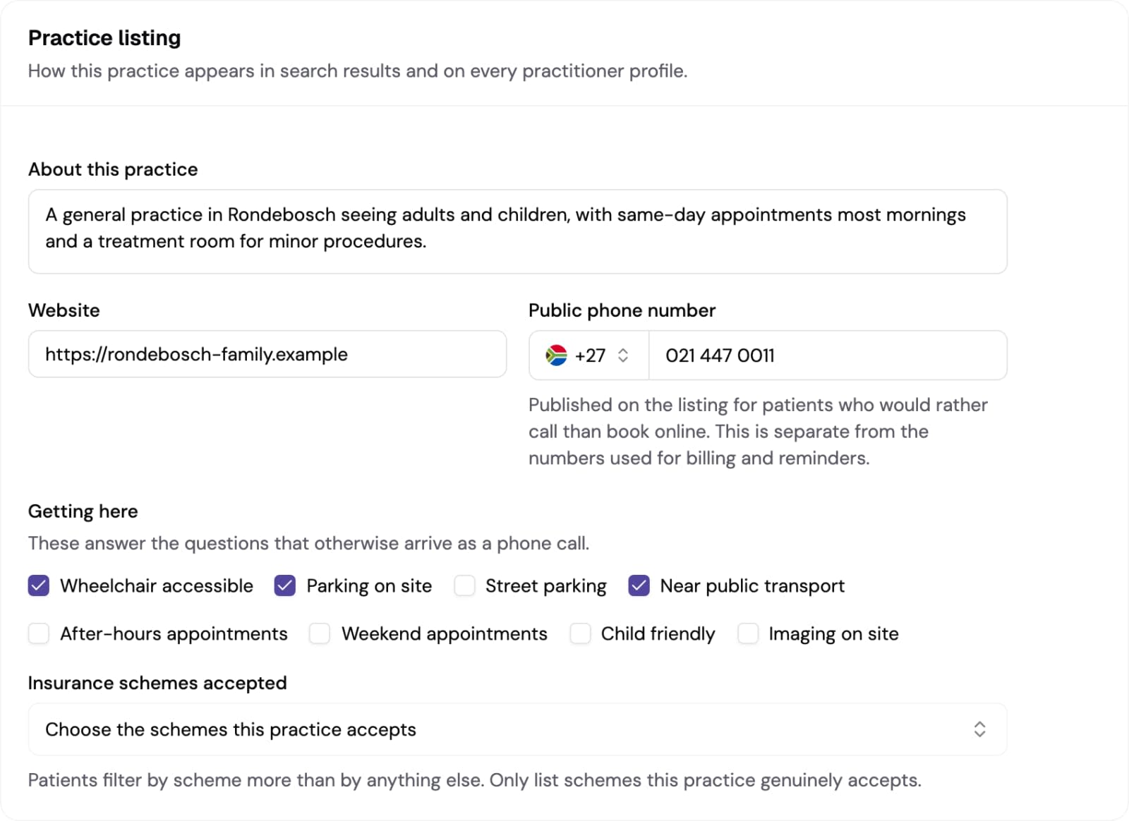 The practice listing fields