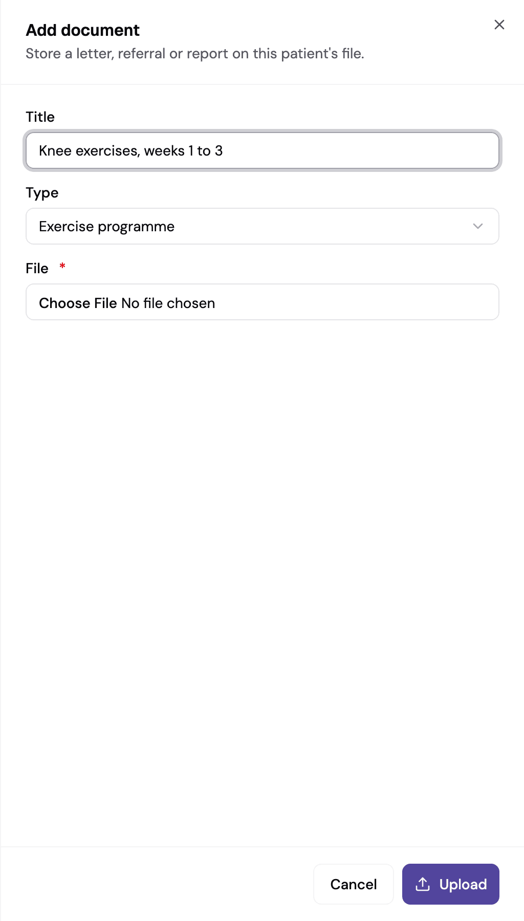 The Add document sheet with Exercise programme chosen as the type