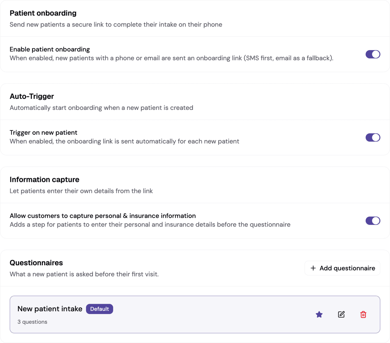 The patient onboarding settings, switched on