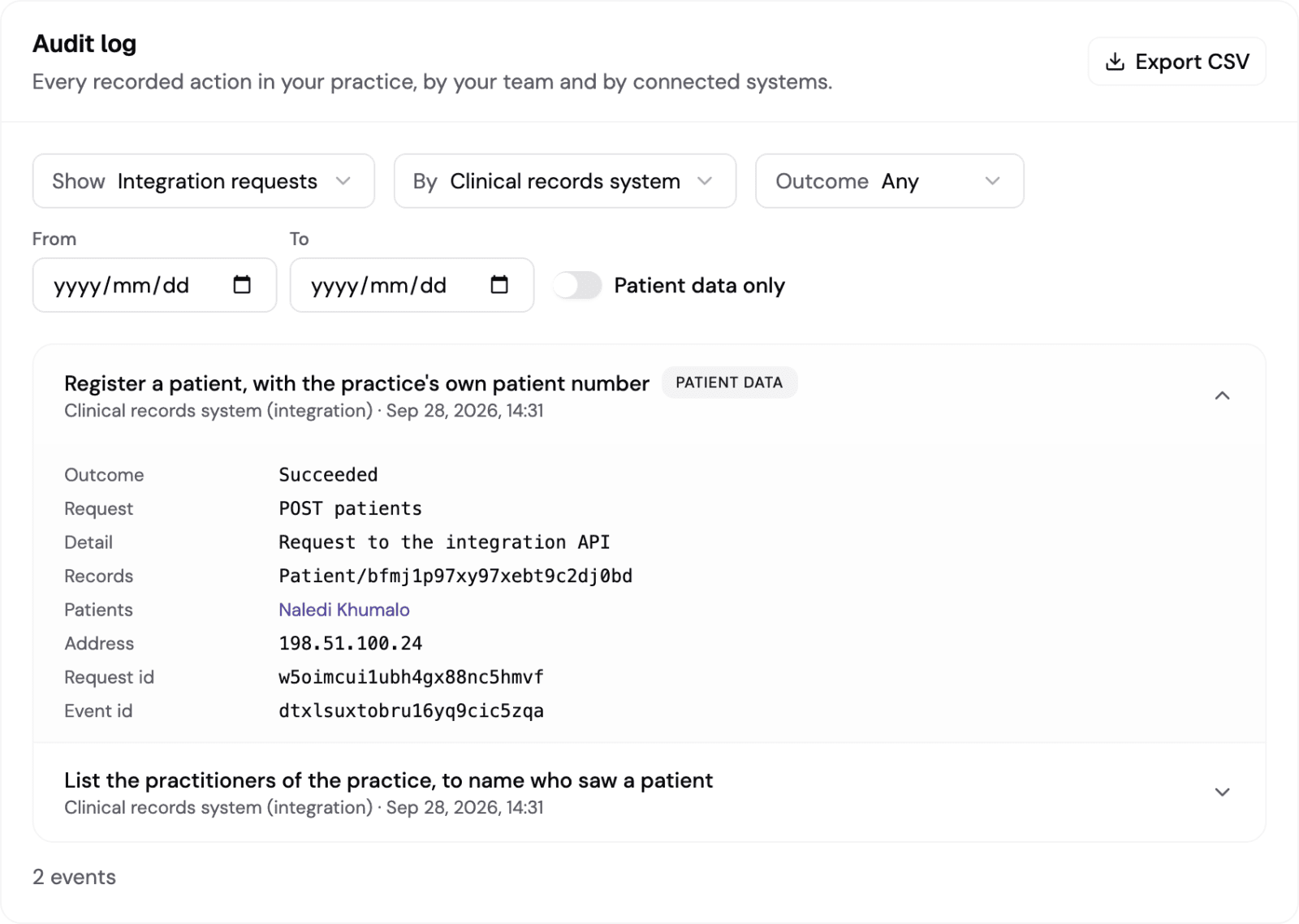 The audit log filtered to one connected system, with a request opened