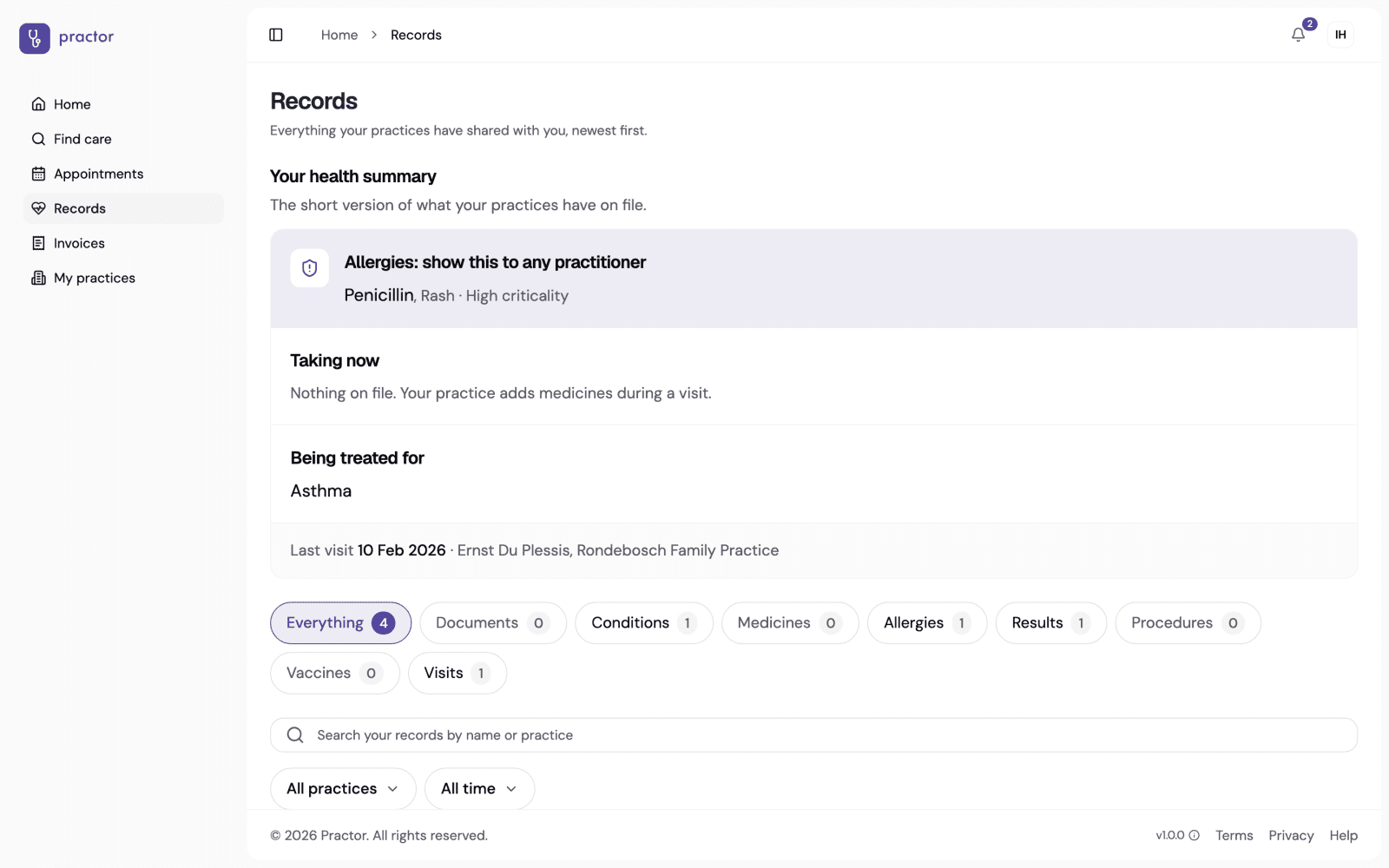 The Records page, with the health summary and the categories under it