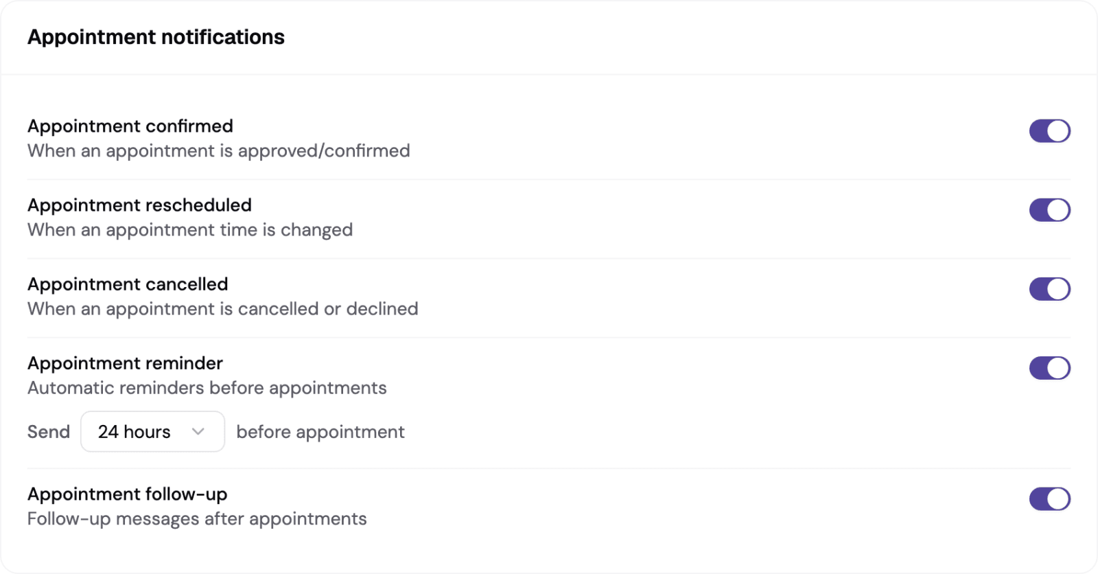 The appointment notifications card, with the reminder switched on